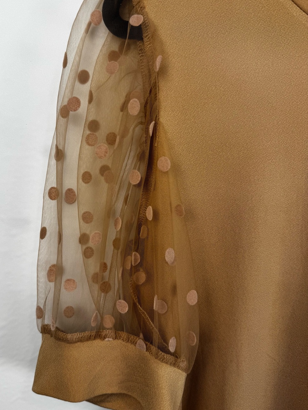 Alison Andrews SZ Large Camel Puff Sleeve Swiss Dot Mesh Top Sheer Sleeve Blouse - Picture 5 of 11